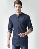 Basic Navy Blue Casual Shirt With Band Collar For Men - YNG Empire