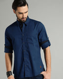 Navy Blue Casual Shirt With Band Collar For Men - YNG Empire