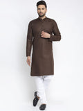 Men Coffee Brown & White Solid Kurta with Churidar