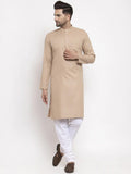Men Brown & White Solid Kurta with Churidar