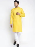 Men Yellow & White Solid Kurta with Churidar