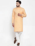 Men Peach-Coloured & White Solid Kurta with Churidar